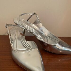 BCBG Shiny Silver Heels